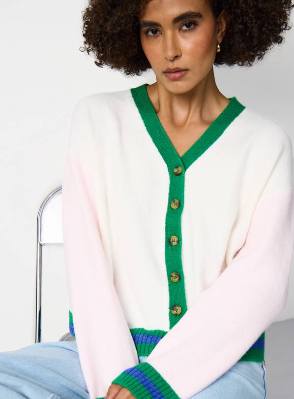 White Colour Block Style V Neck Cardigan XL